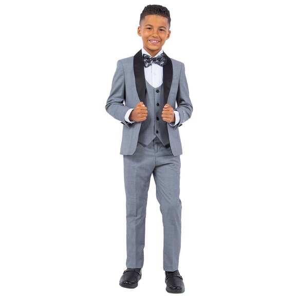 Stacy Adams Boys Mid Gray Tuxedo Set, 5-Piece Black Shawl Collar - Picture 5 of 5
